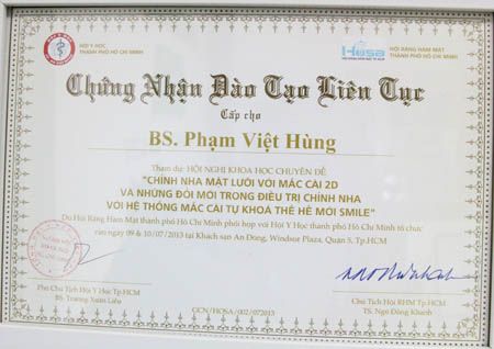 Chứng nhận đào tạo liên tục – Chỉnh nha mặt lưỡi với mắc cài 2D (2013)